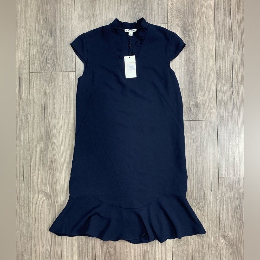 WHISTLES Federica Navy Frill V-Neck Dress Size 4 NWT
